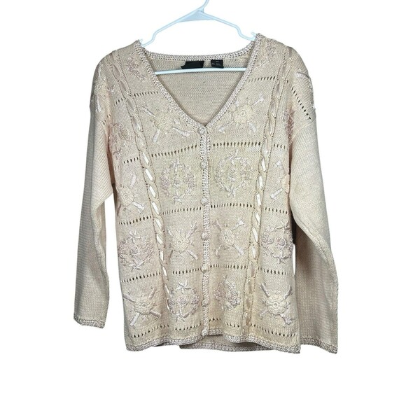 Vintage 1990s Women's PM Chunky Knit Cardigan Romantic Embroidered Granny Y2K - Picture 2 of 12